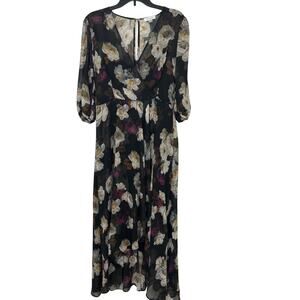 Calvin Klein Black Purple Floral Chiffon Faux Wrap Ruffle Hi-Low Midi Dress 12
